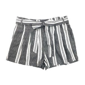Womens Linen Shorts Size Large Indigo Rising Black White Striped Belted Pockets